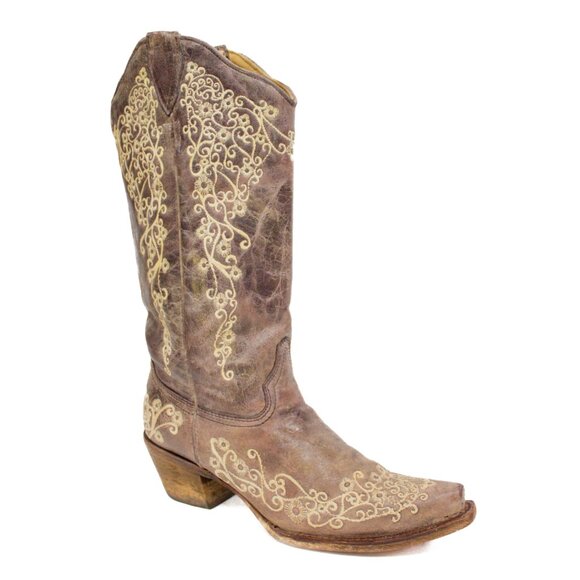Corral Vintage Brown Crater Bone Embroidery Cowboy Boots Western A1094 Size 8.5